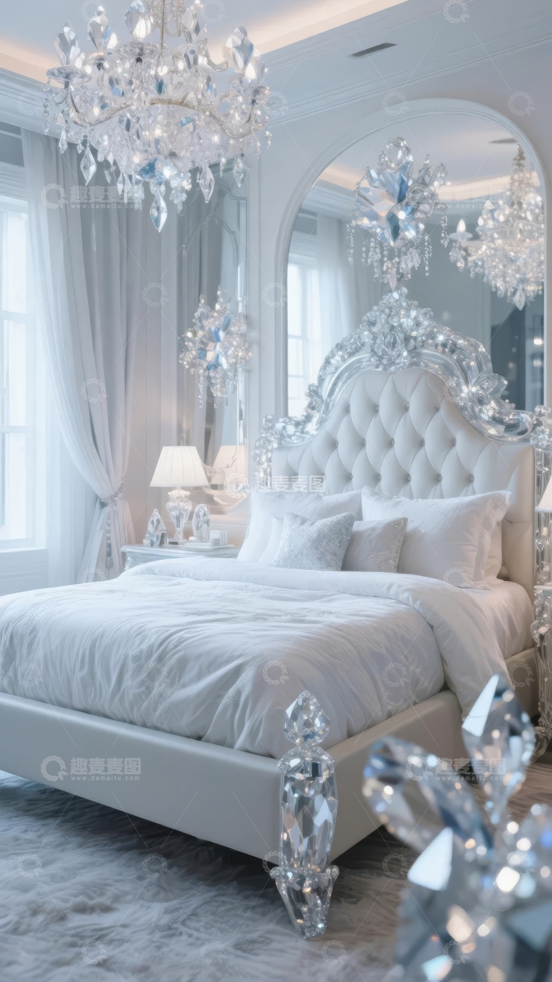 高清大图下载【趣麦麦图】豪华水晶吊灯装饰的白色优雅卧室