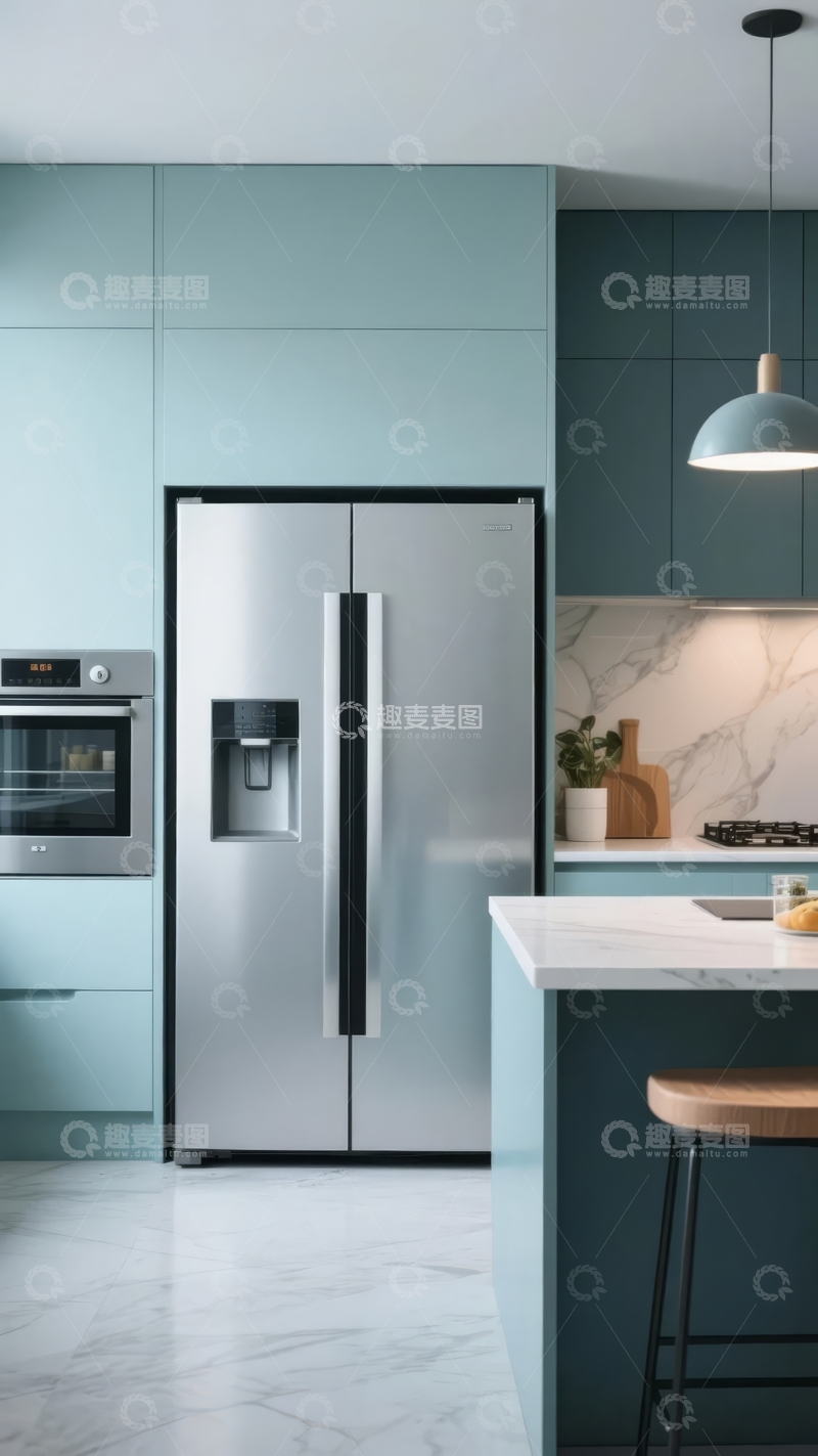 高清大图下载【趣麦麦图】现代厨房配备不锈钢冰箱和浅蓝色橱柜