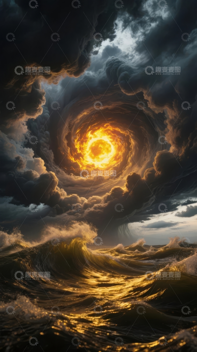 高清大图下载【趣麦麦图】漩涡状云层笼罩下的波涛汹涌海面
