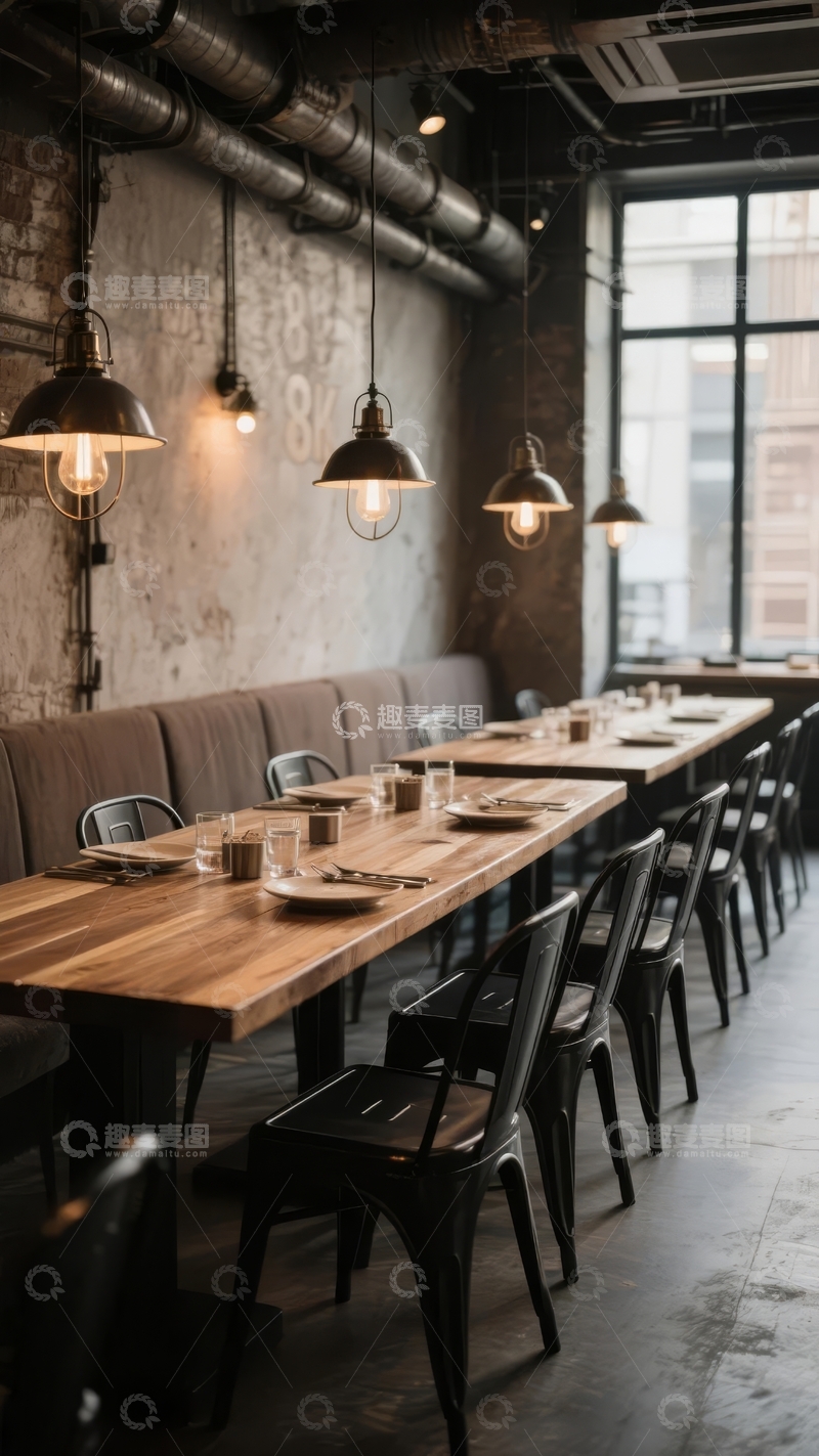 高清大图下载【趣麦麦图】工业风餐厅长桌与复古吊灯装饰