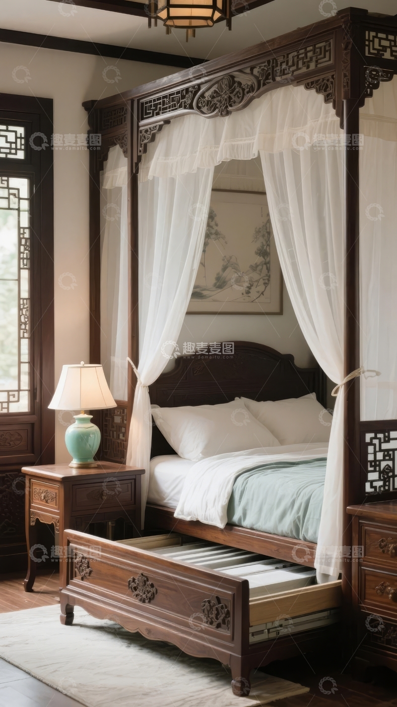 高清大图下载【趣麦麦图】中式古典风格卧室四柱床与精致装饰细节