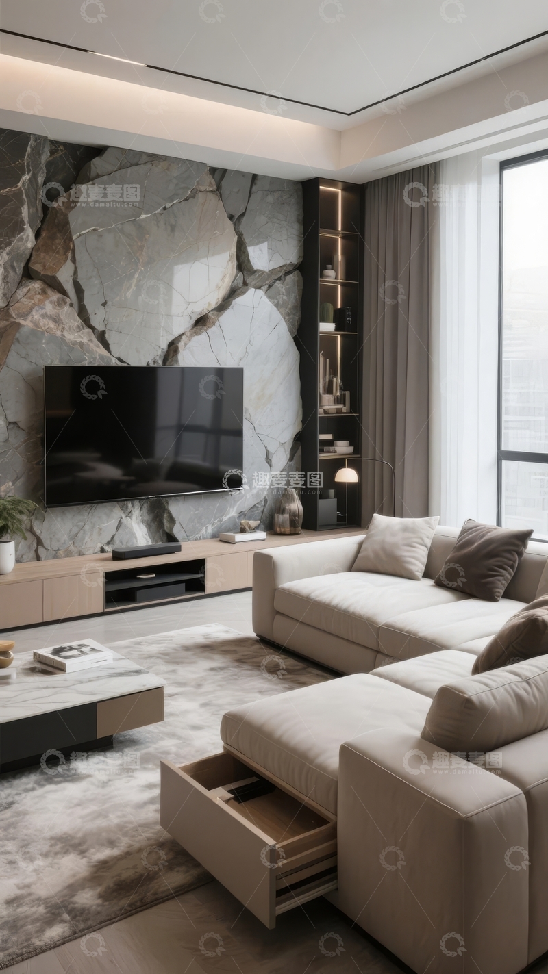 高清大图下载【趣麦麦图】现代客厅设计以裂纹石材墙和舒适沙发为特色