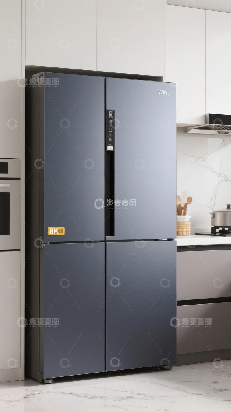 高清大图下载【趣麦麦图】现代厨房中的深色四门冰箱