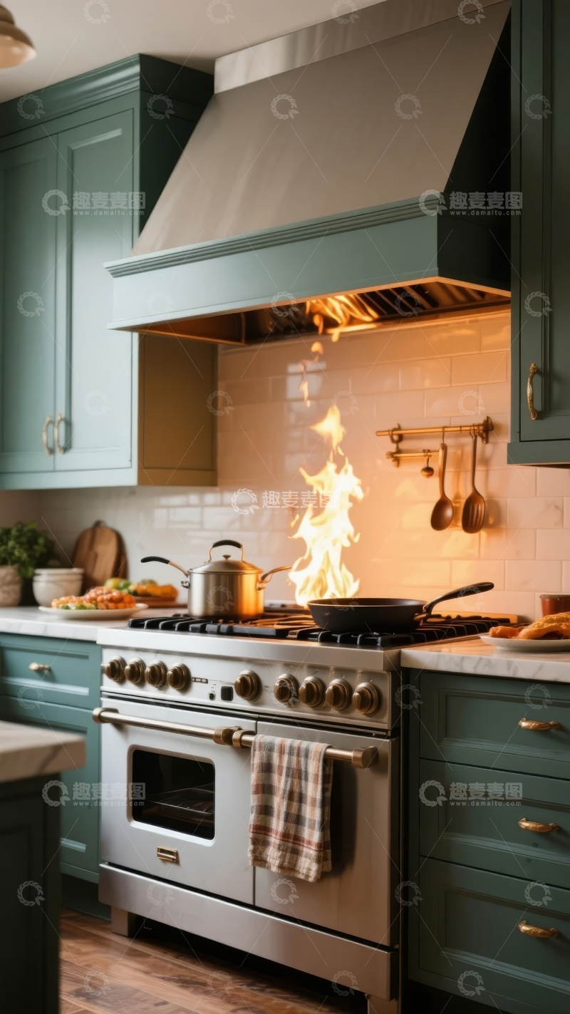 高清大图下载【趣麦麦图】厨房灶台起火火焰燃烧金属抽油烟机