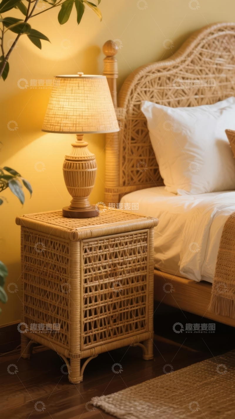 高清大图下载【趣麦麦图】温馨卧室一角摆放着藤编床和台灯