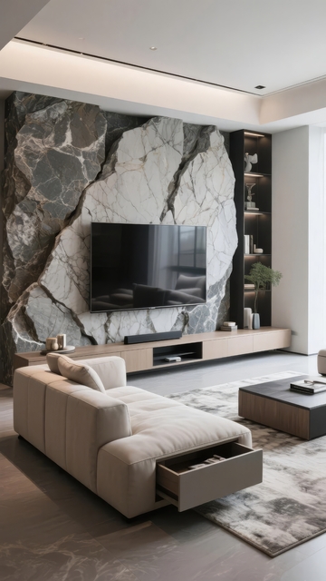 现代客厅电视背景墙采用大理石纹理设计