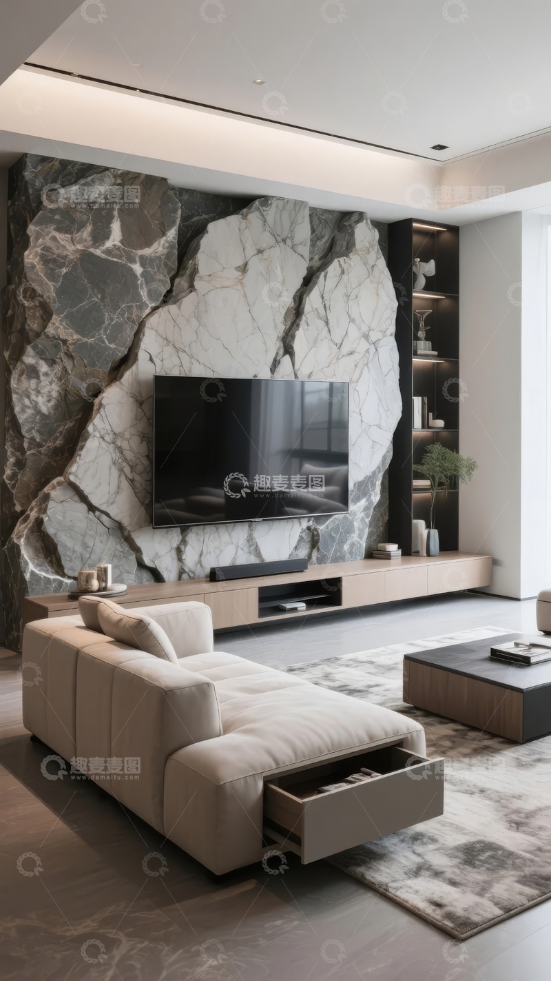 高清大图下载【趣麦麦图】现代客厅电视背景墙采用大理石纹理设计