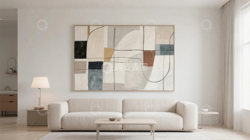 高清大图下载【趣麦麦图】现代简约客厅摆放抽象艺术画与舒适沙发