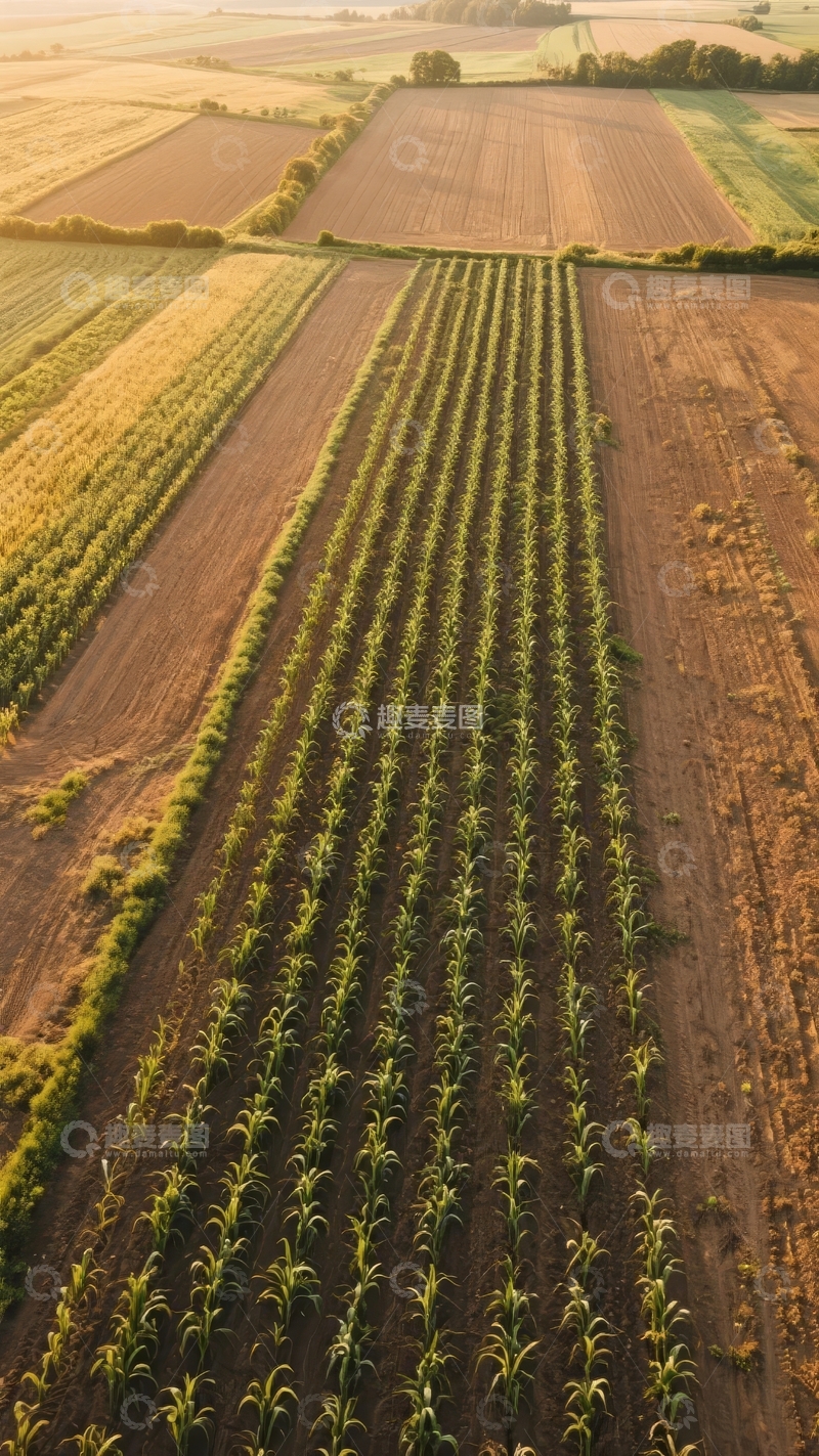高清大图下载【趣麦麦图】航拍视角下整齐排列的农田与不同作物区域