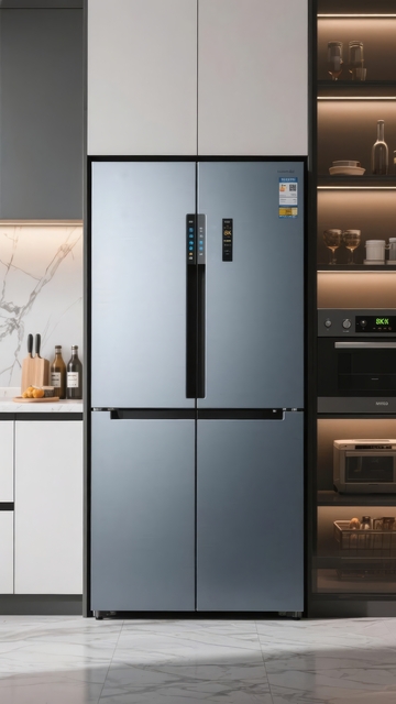 现代厨房中的不锈钢四门冰箱