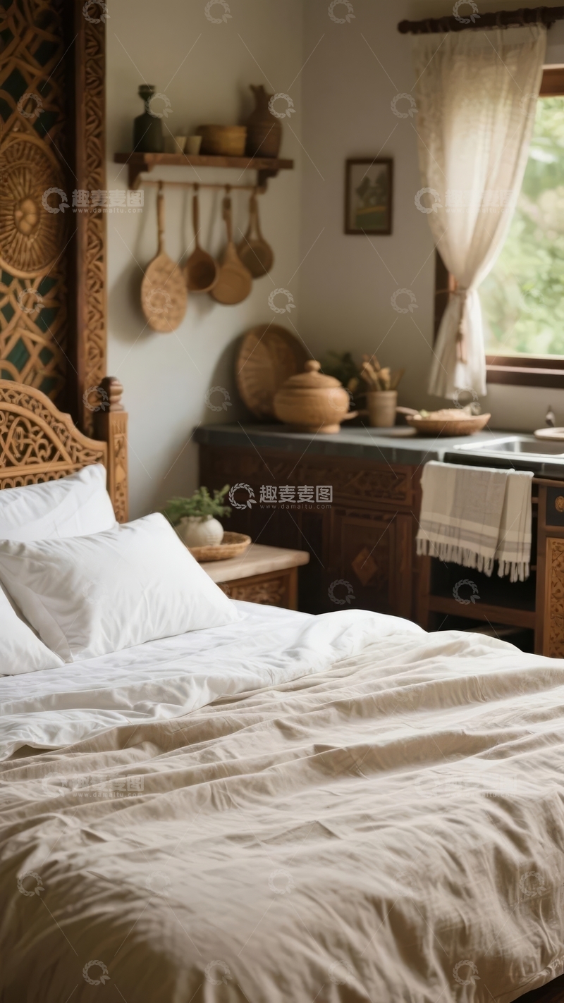 高清大图下载【趣麦麦图】温馨复古风格卧室床头柜与装饰细节
