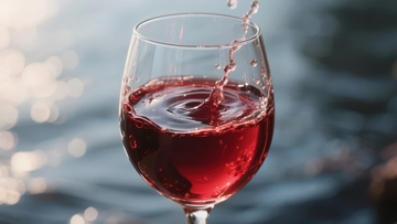 一杯红酒在水边轻轻摇曳