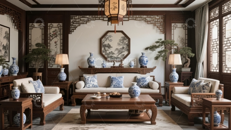 高清大图下载【趣麦麦图】中式古典风格客厅布置典雅家具与装饰品