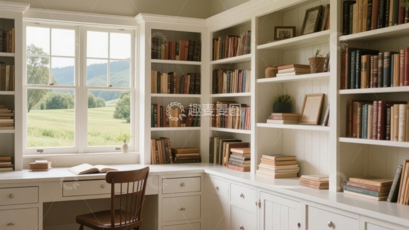 高清大图下载【趣麦麦图】书房内书架环绕书桌窗外绿意盎然