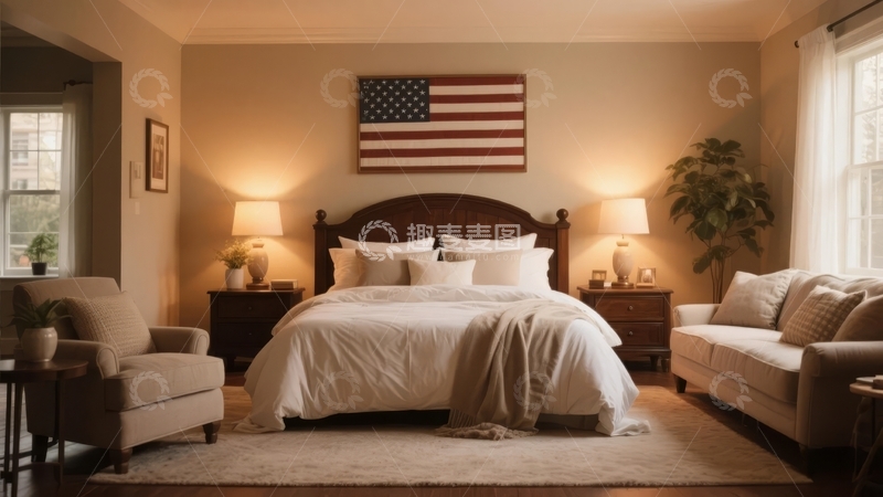 高清大图下载【趣麦麦图】温馨卧室布置以美国国旗为背景