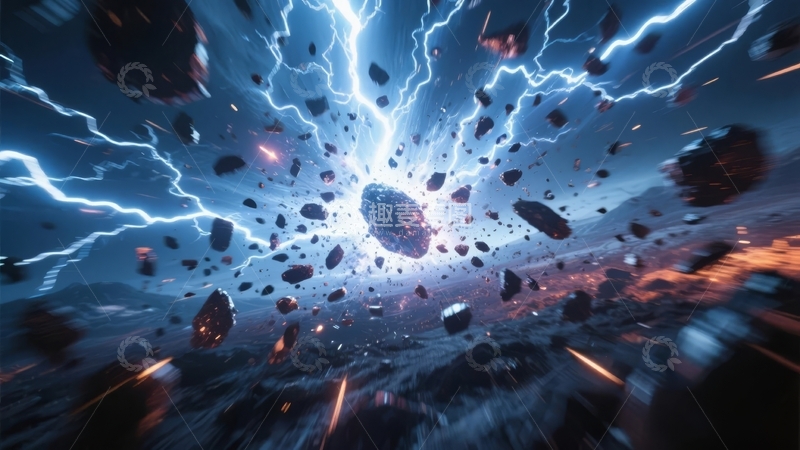 高清大图下载【趣麦麦图】宇宙爆炸场景陨石飞散闪电交织