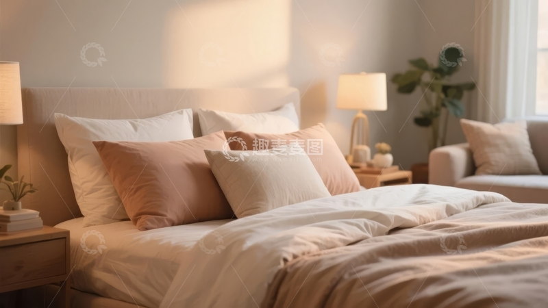 高清大图下载【趣麦麦图】温馨卧室中阳光洒在舒适床上