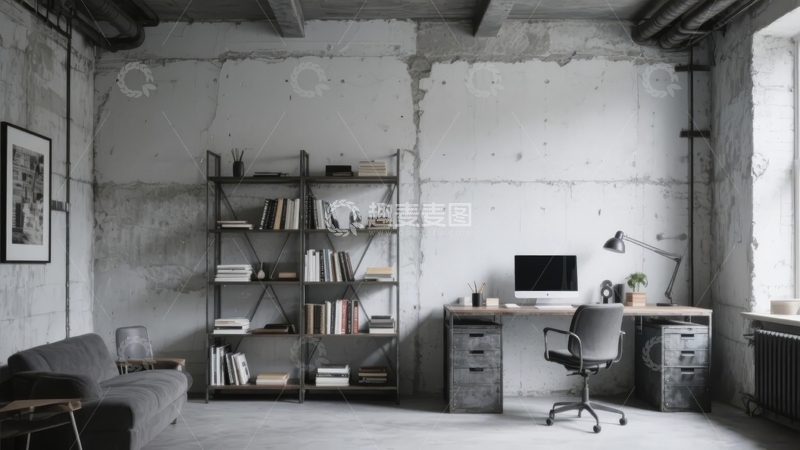 高清大图下载【趣麦麦图】现代简约风格的工业风书房空间