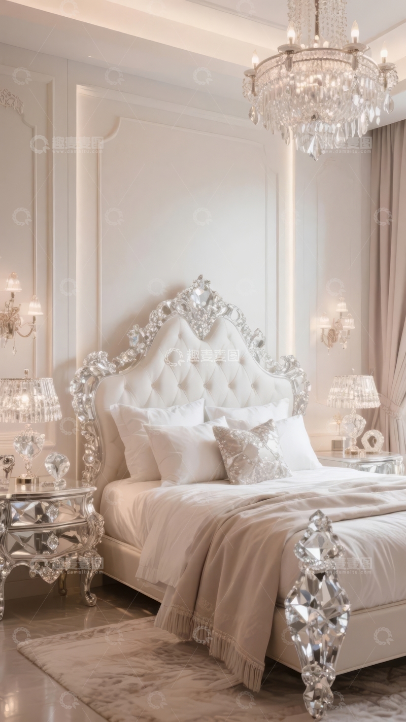 高清大图下载【趣麦麦图】豪华白色卧室装饰典雅床头灯与水晶吊灯