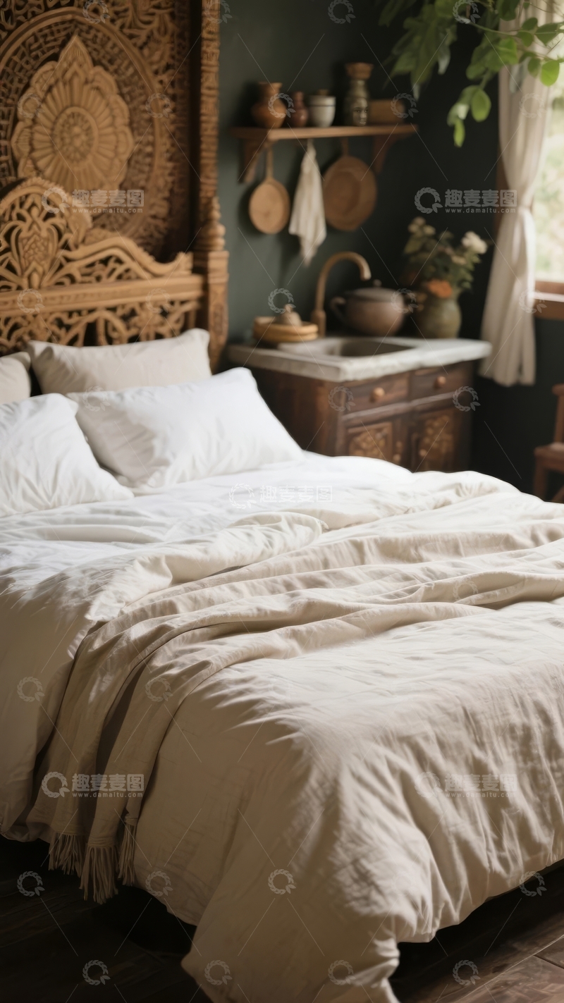 高清大图下载【趣麦麦图】装饰精美复古风格卧室配木质雕花床头和洗手台