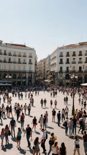 阳光下热闹的广场上人群熙攘