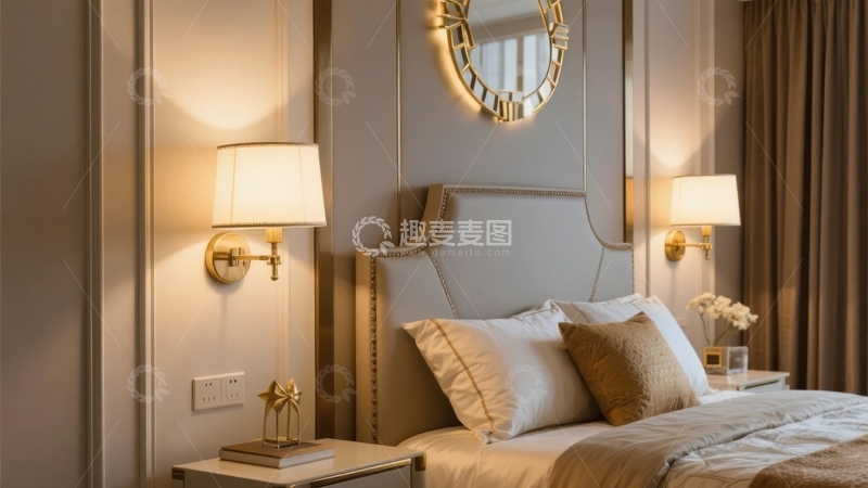 高清大图下载【趣麦麦图】现代卧室床头灯与装饰镜营造温馨氛围