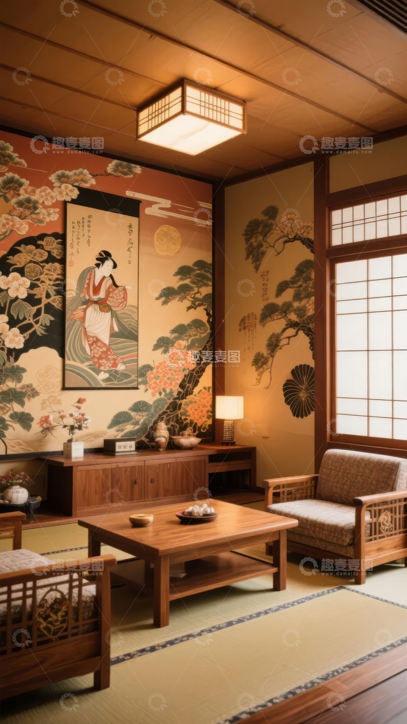 高清大图下载【趣麦麦图】日式风格室内空间装饰精美壁画与木质家具相得益彰