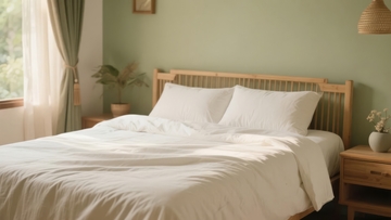 明亮卧室中白色床品与简约家具的温馨场景