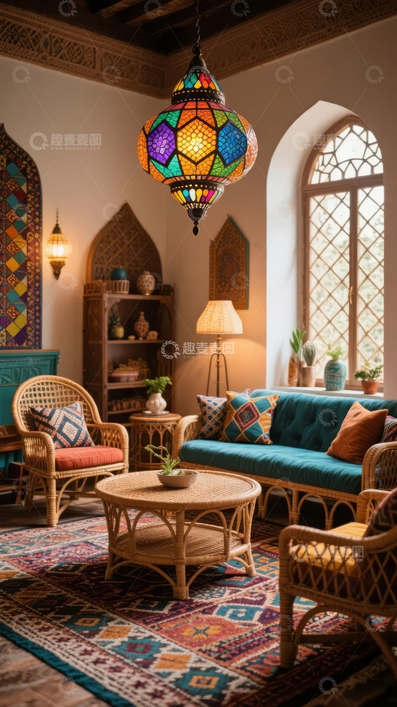 高清大图下载【趣麦麦图】装饰华丽的室内空间悬挂彩色玻璃吊灯