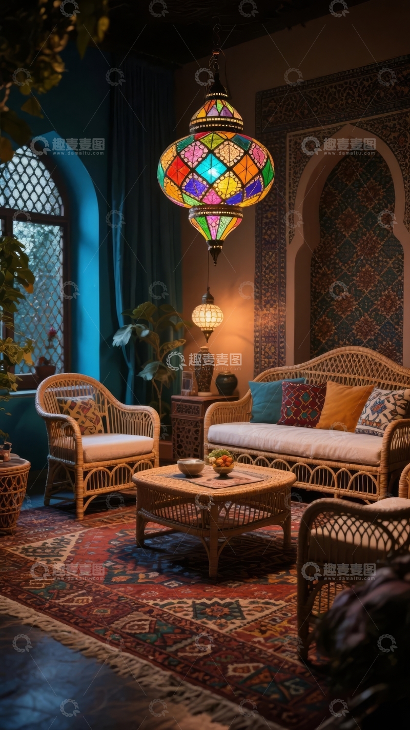 高清大图下载【趣麦麦图】装饰华丽的室内空间悬挂着彩色玻璃吊灯