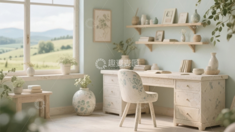 高清大图下载【趣麦麦图】明亮温馨的室内书房角落窗外风景宜人