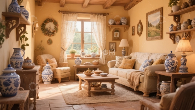 高清大图下载【趣麦麦图】温馨复古风格客厅布置有沙发茶几和装饰品