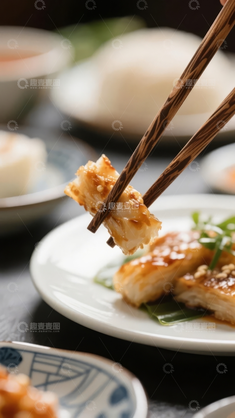 高清大图下载【趣麦麦图】筷子夹起金黄酥脆的炸物配以葱花点缀