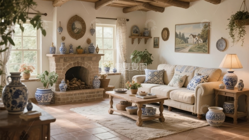 高清大图下载【趣麦麦图】温馨复古风格客厅布置有壁炉沙发和装饰品