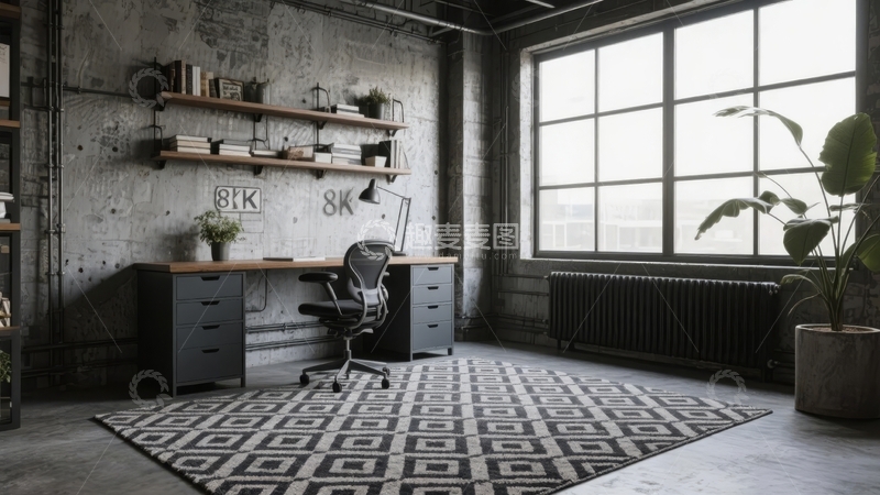 高清大图下载【趣麦麦图】工业风办公室角落带大窗户和几何地毯