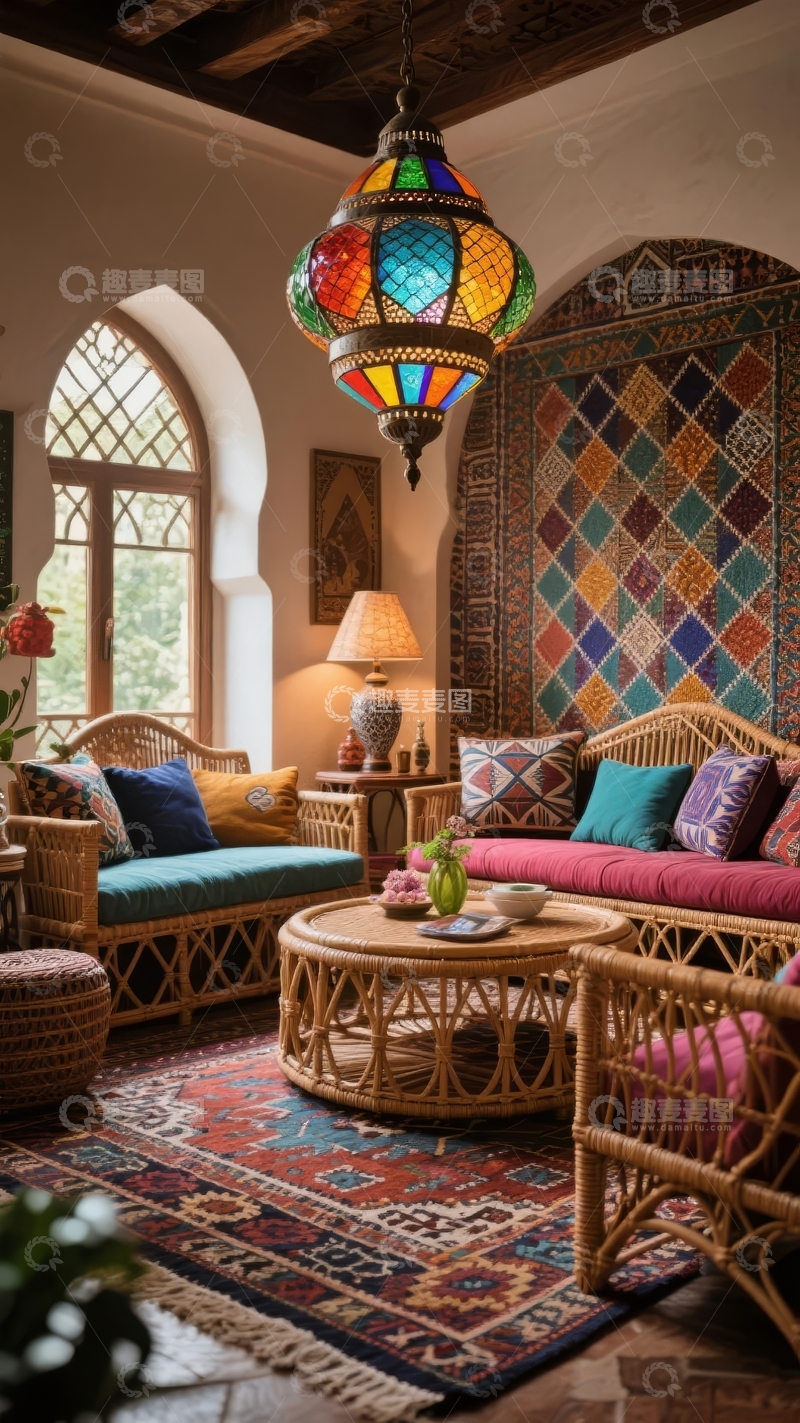高清大图下载【趣麦麦图】充满异域风情的室内空间装饰有彩色吊灯和编织家具