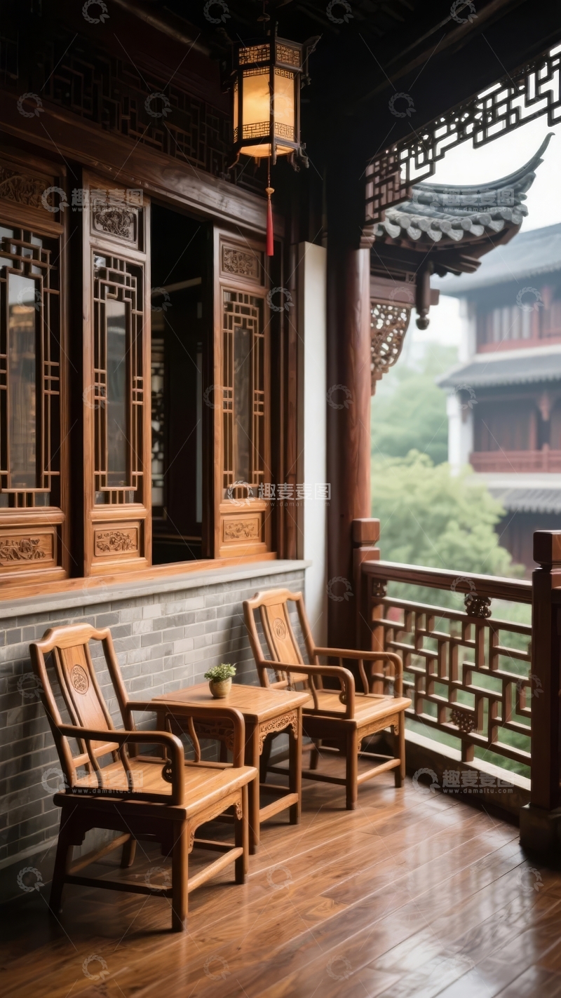 高清大图下载【趣麦麦图】中式庭院阳台景观木质门窗与古典建筑风格
