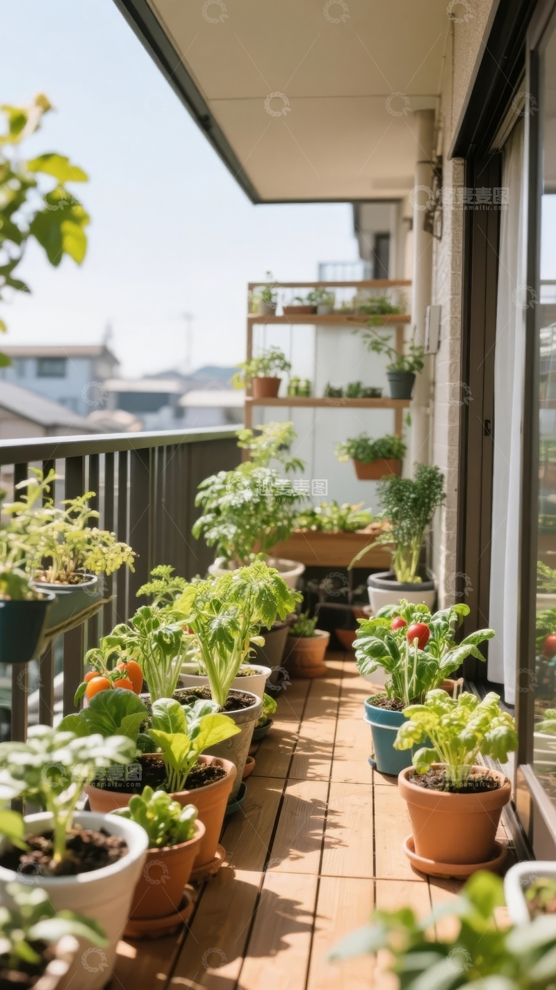 高清大图下载【趣麦麦图】阳光明媚的阳台上摆满了绿植和花卉生机盎然
