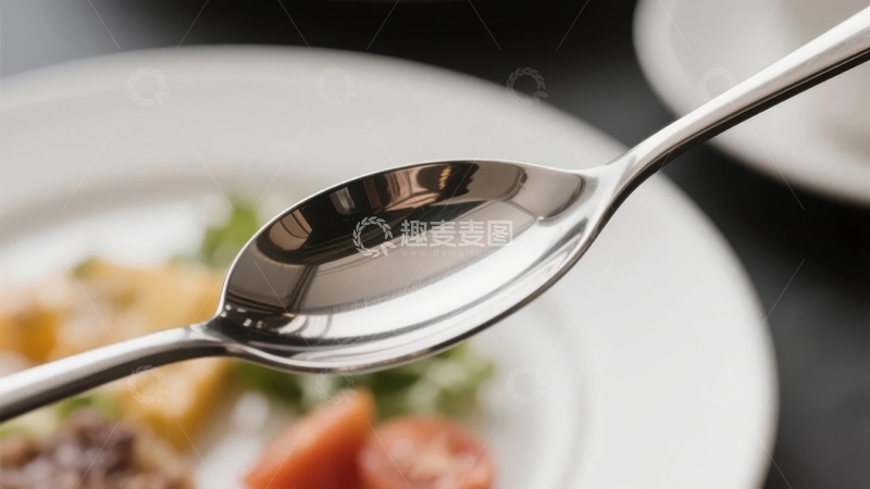 高清大图下载【趣麦麦图】金属勺子特写聚焦于盘中色彩鲜艳的菜肴