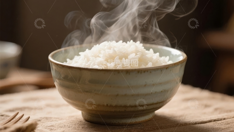 高清大图下载【趣麦麦图】一碗热气腾腾的白米饭置于木质桌面上