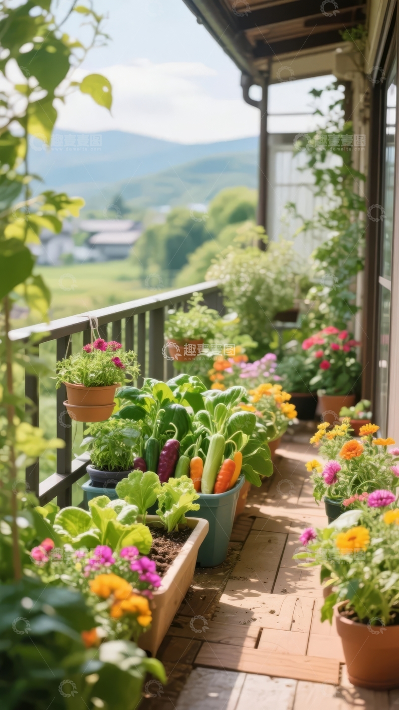 高清大图下载【趣麦麦图】阳台花园绿植花卉点缀远山田园风光