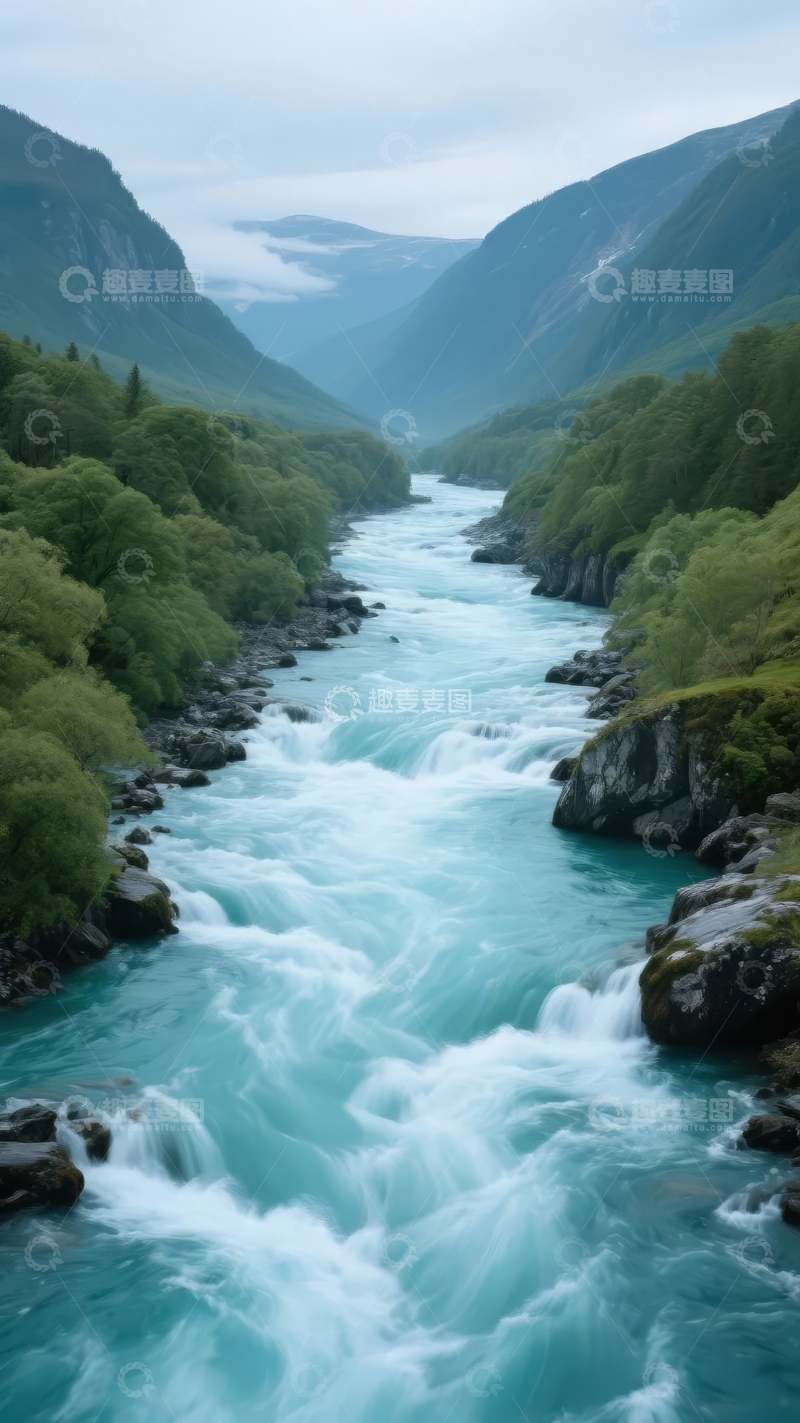 高清大图下载【趣麦麦图】湍急河流穿行于青山绿树间的壮丽峡谷景观