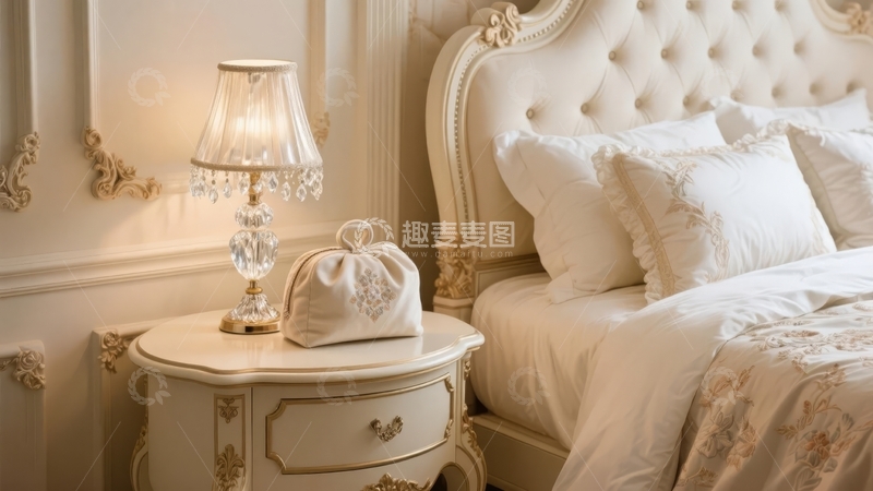 高清大图下载【趣麦麦图】优雅卧室一角床头柜与床铺细节展示