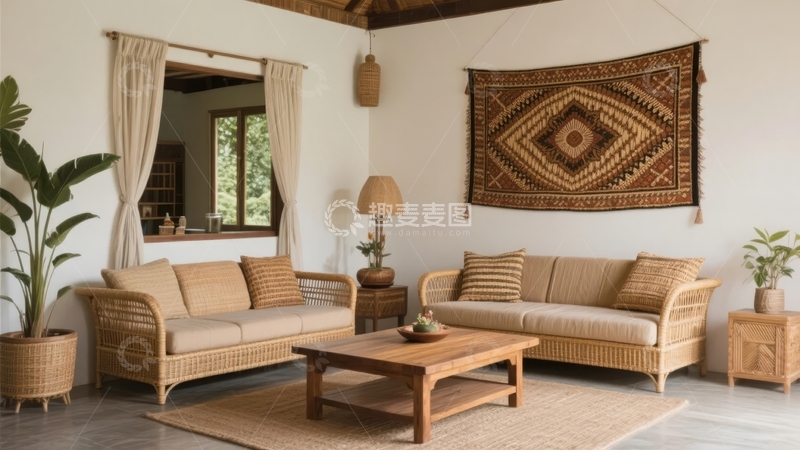 高清大图下载【趣麦麦图】温馨客厅布置藤编沙发地毯装饰画