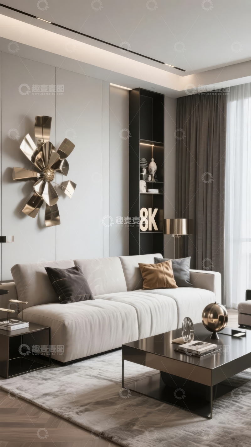 高清大图下载【趣麦麦图】现代简约风格客厅装饰以金色艺术装置和舒适沙发为主