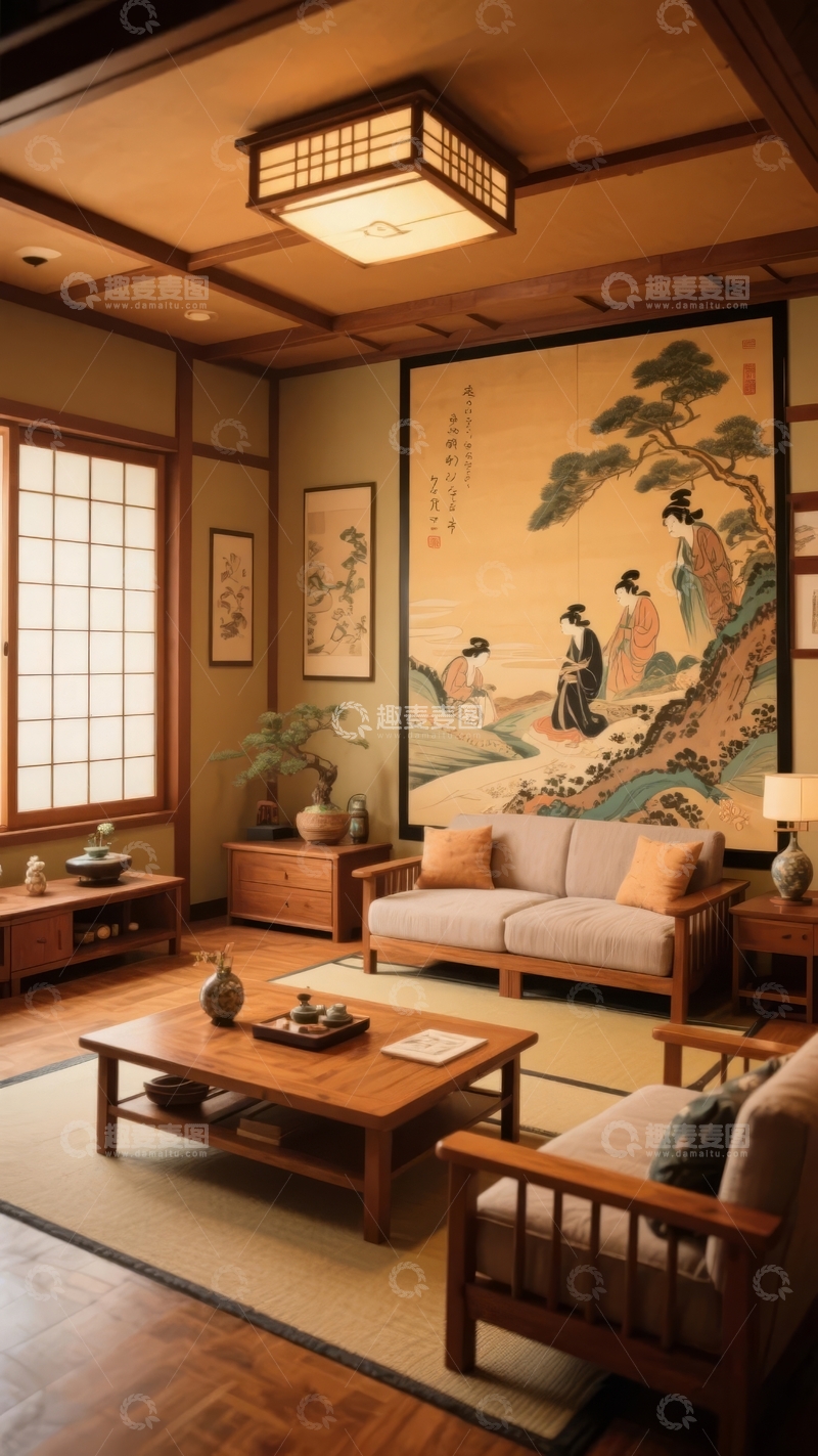 高清大图下载【趣麦麦图】日式风格客厅装饰以传统壁画和木质家具为主