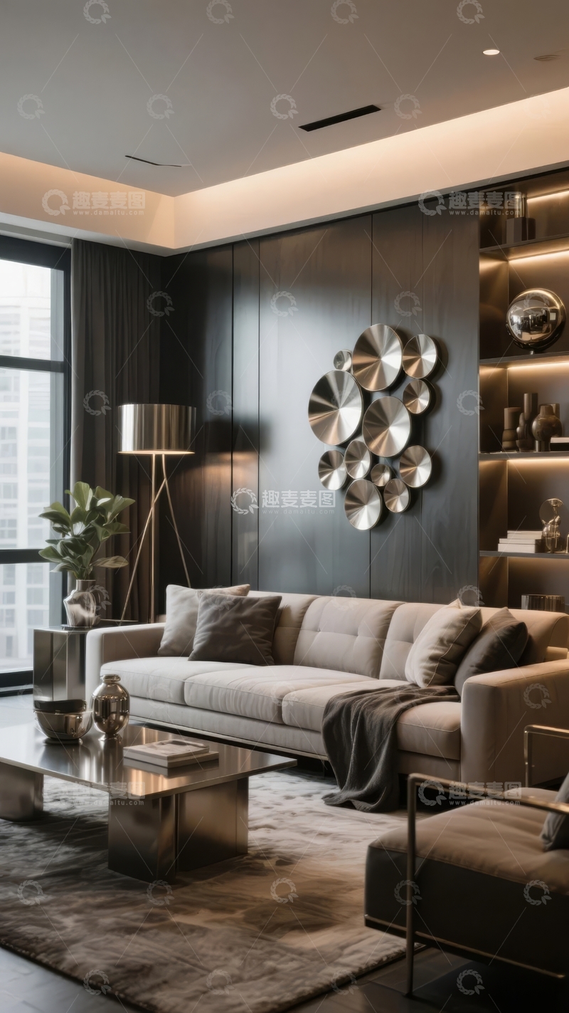 高清大图下载【趣麦麦图】现代客厅设计以深色墙面和金属装饰为特色