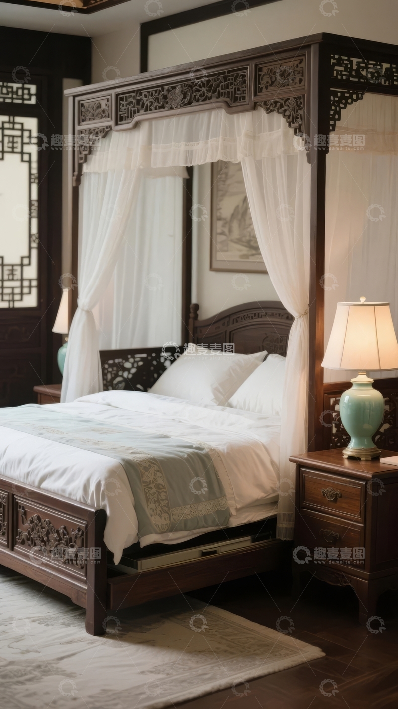 高清大图下载【趣麦麦图】中式古典风格卧室四柱床配精致雕花与柔和灯光