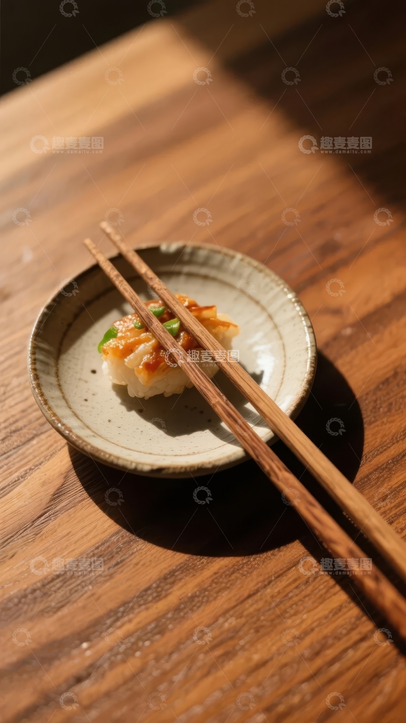 高清大图下载【趣麦麦图】木质桌面上摆放着一小碟寿司配以筷子