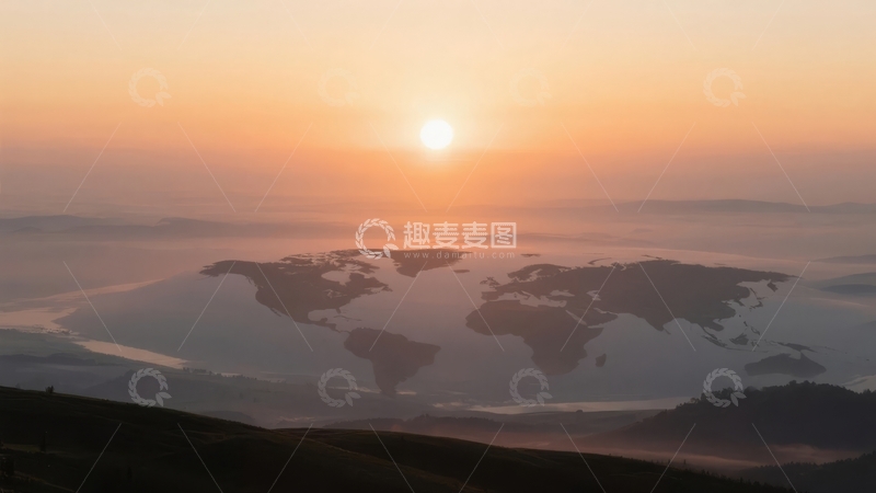 高清大图下载【趣麦麦图】日出时分世界地图轮廓与晨雾山景